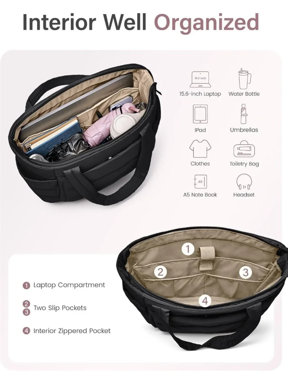 👜Women's Black Quilted Puffer Tote Bag Zipper Work Bag With Compartments